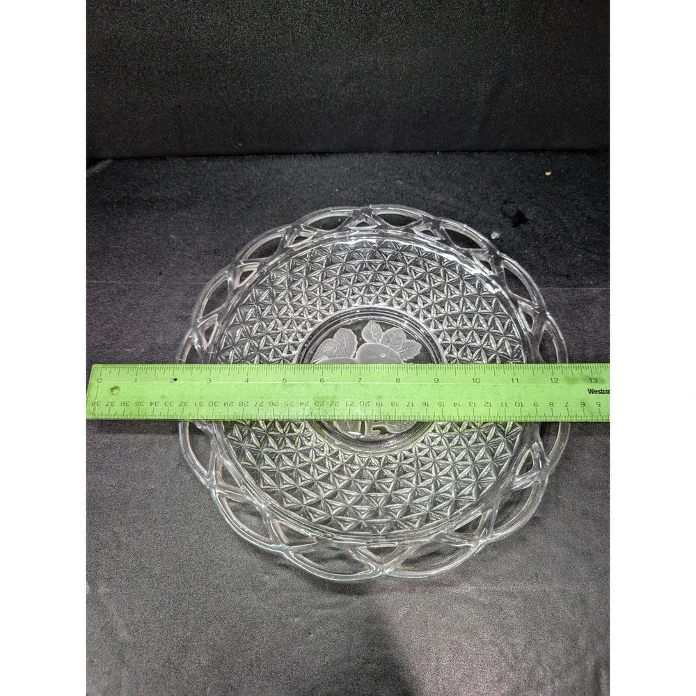 Imperial Glass Laced Rim‎ Frosted Intaglio Rose Diamond Platter, Serving Tray